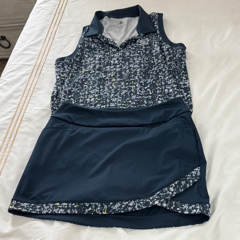 Navy and White Patterned Sleeveless Top and Skirt Set